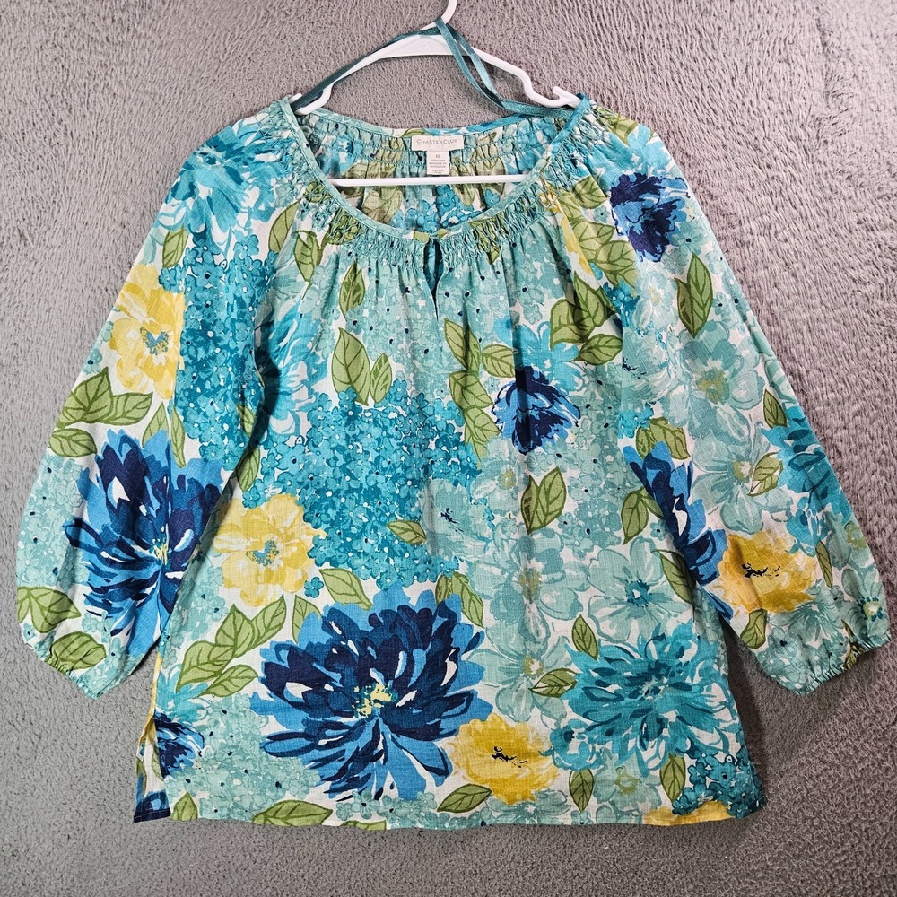 Charter Club 100%‎ Linen Top Blouse Women Size 10 Floral Teal Blue Green Preppy